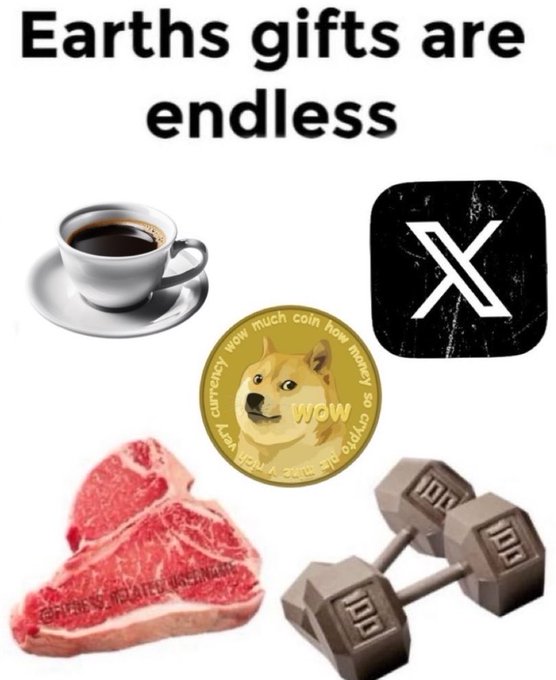 A meme-style graphic titled “Earths gifts are endless” shows coffee, an X logo, a Dogecoin coin, steak, and dumbbells.