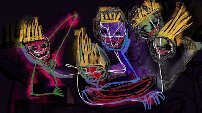 A colorful, rough digital sketch depicting multiple figures with spiky yellow hair and grinning, mask-like faces rendered in chaotic, scribbled lines.