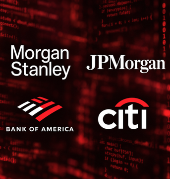 A red-toned graphic features the logos and names of Morgan Stanley, JPMorgan, Bank of America, and Citi over a background of computer code. The prominent bank imagery highlights the post’s concern about AI-driven hacking and financial vulnerability as a potential catalyst for shifting from fiat currency to blockchain-based crypto.