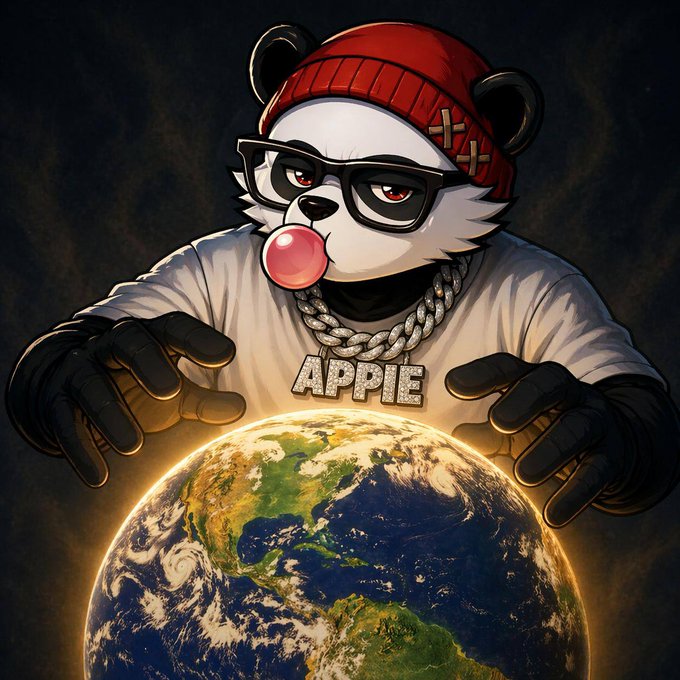 An anthropomorphic panda wearing glasses, a red beanie, and a diamond "APPIE" chain looms over the Earth with bubble gum, hands outstretched in a welcoming gesture—visualizing the bullish, world-conquering spirit of a crypto "GM" (good morning) greeting.