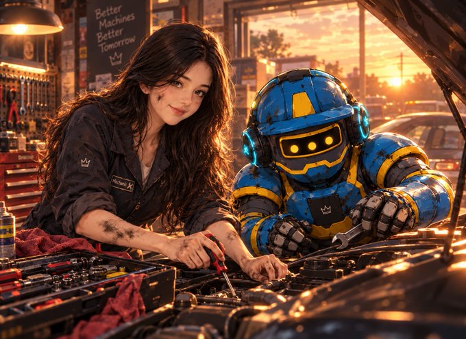A young woman with long dark hair in a mechanic's jumpsuit works on a car engine alongside a blue and yellow robot in a garage with a sign reading 'Better Machines Better Tomorrow'.