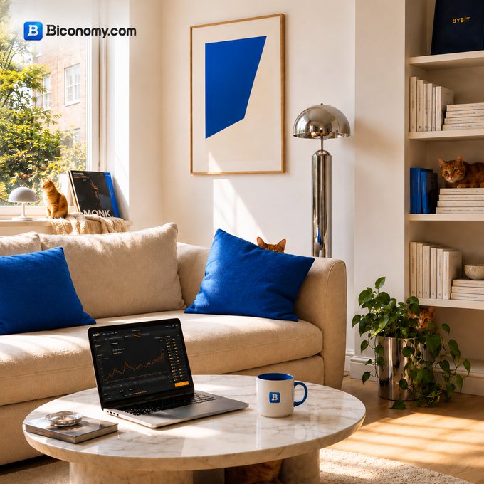 The image shows a living room with a white couch against a wall, where an open laptop computer sits on top of it. A coffee table is placed nearby, featuring a blue mug and several books. Two cats are present in the scene - one sitting on the floor next to the couch and another perched on the back of the couch. The background includes a window with blinds that allow natural light into the room, as well as some potted plants adding greenery to space.