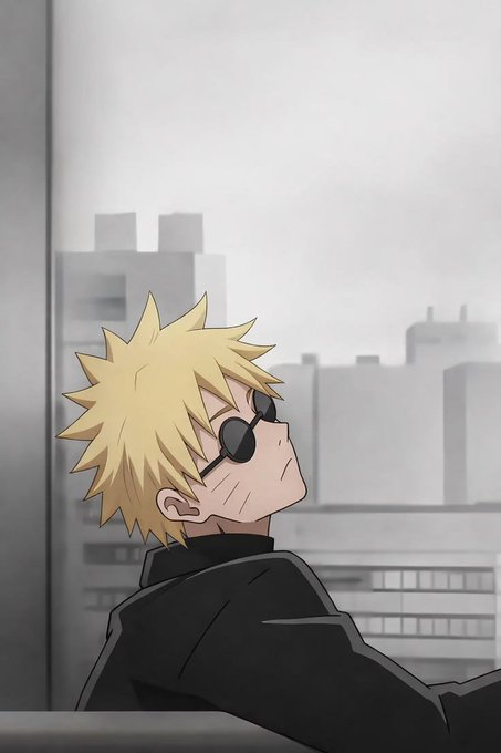 An anime-style illustration of a spiky blonde-haired boy with round black sunglasses looking sideways, set against a grayscale cityscape.