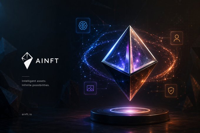 A digital advertisement for AINFT (ainft.io) features a glowing, crystalline Ethereum-style logo surrounded by interconnected icons representing AI, user profiles, images, and security, with the tagline 'Intelligent assets. Infinite possibilities.'