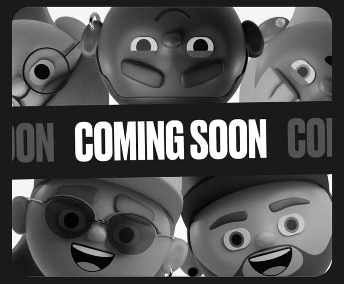 A black-and-white promotional graphic showing cartoon emoji-style faces with the bold white text 'COMING SOON' across the center.