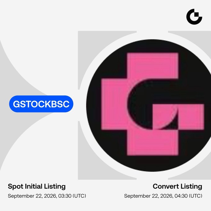 Gate.io listing announcement for $GSTOCKBSC with spot trading launching at 3:30 AM UTC and fee-free convert trading at 4:30 AM UTC on September 22, 2026.