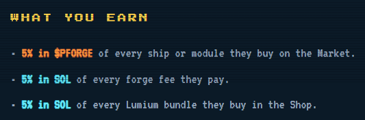 A dark panel with the heading 'WHAT YOU EARN' listing three bullet points: '5% in $PFORGE of every ship or module they buy on the Market', '5% in SOL of every forge fee they pay', and '5% in SOL of every Lumion bundle they buy in the Shop'.