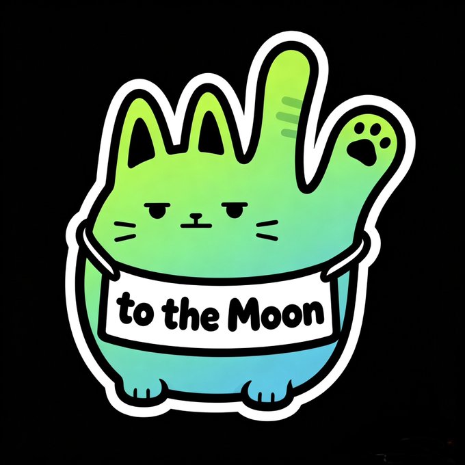 A sticker-style illustration of a grumpy-looking green-to-blue gradient cat waving, with a sign around its neck reading 'to the Moon'.