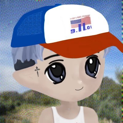 A cartoon/chibi-style character with large purple eyes and gray hair, wearing a red, white, and blue trucker hat with '9.11.01' and an American flag design, with a small cross tattoo under one eye.