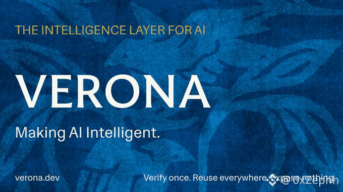 A promotional banner for Verona with the tagline 'The Intelligence Layer for AI' and 'Making AI Intelligent' on a textured blue background, with 'verona.dev' and the message 'Verify once. Reuse everywhere.'