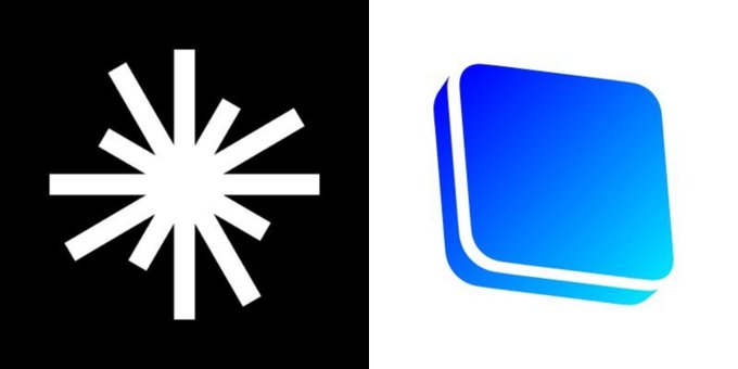 A split-image showing two logos: a white asterisk or starburst symbol on a black background on the left, and a blue layered square or stack icon on a white background on the right.