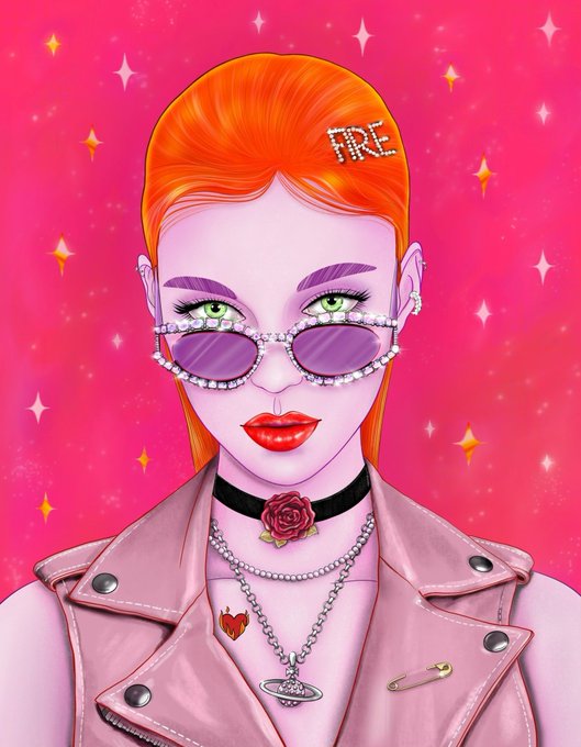 A stylized digital illustration of a woman with bright orange hair and green eyes wearing purple sunglasses, a pink leather jacket, and jewelry, with 'FIRE' spelled out in rhinestones on her hair against a sparkly pink background.