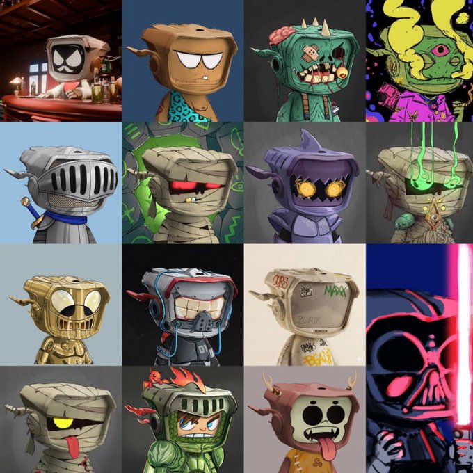 A grid collage of sixteen stylized robot character illustrations, each with unique designs featuring different colors, expressions, and accessories like sunglasses and bandanas.