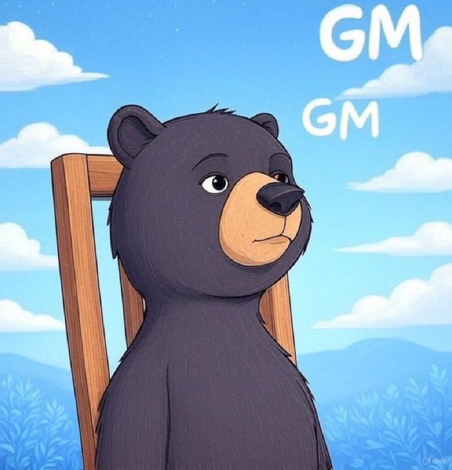 A cartoon black bear sits on a wooden chair under a blue sky with clouds, saying "GM GM" in white text. The bear's casual "good morning" greeting mirrors the post's "gm X fam" message, both embodying the relaxed weekend vibes crypto Twitter uses to greet followers.
