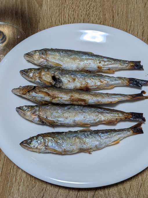 Five grilled ayu (sweetfish) are neatly arranged on a white plate atop a wooden table, serving as the trader's "chart-free" morning snack before diving back into XRP buys with a fresh paycheck.