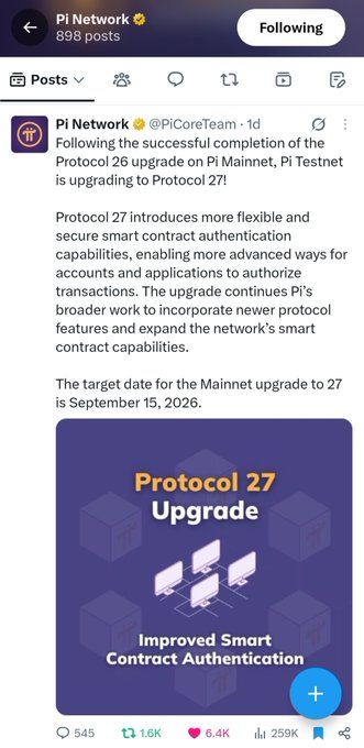 A Twitter/X post from 'Pi Network' (@PiCoreTeam) announcing the successful upgrade of PI Testnet to Protocol 27, featuring improved smart contract authentication capabilities.