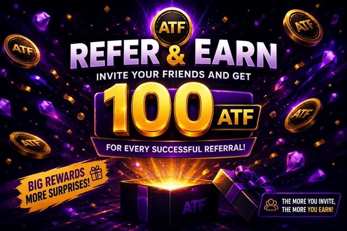 A vibrant promotional graphic for an ATF "Refer & Earn" campaign, offering 100 ATF tokens per successful referral, featuring glowing purple and gold coins, gemstones, and a gift box bursting with rewards. The image complements the post's promotion of mining ATF by encouraging community members to invite friends for additional earnings and rewards.