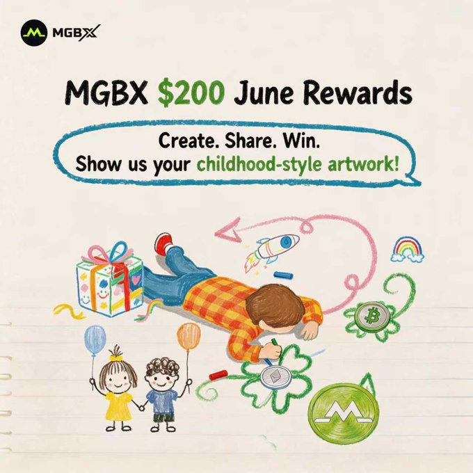 The image features a poster for an event called MGBX $200 June Rewards, where participants are encouraged to create artwork that showcases childhood-style designs. Two children, one wearing a yellow shirt and another wearing blue, appear to be involved in this activity. Additionally, there is a boy depicted with a green leaf on his hair, who looks like he's using crayons to draw. The poster includes text that promotes the concept of Share, Win, Create, and Show us your childhood-style artwork!.