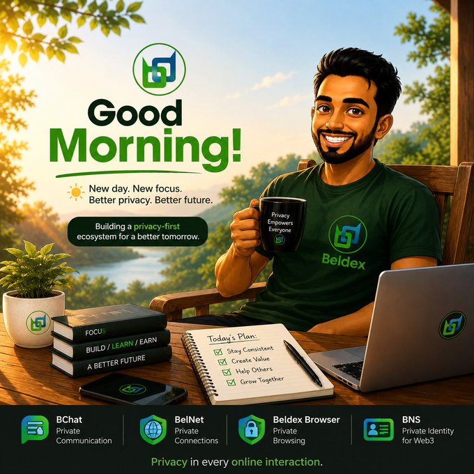 A cheerful 'Good Morning!' Beldex promotional poster featuring a smiling man holding a mug and a laptop, with a checklist and Beldex product icons (BChat, BelNet, Beldex Browser, BNS) promoting privacy.