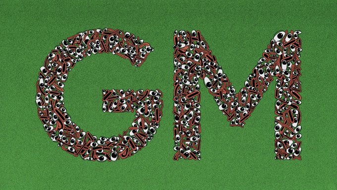 The letters "GM" are spelled out in a textured, rusty-looking font composed of small mechanical parts and circles, set against a solid green background.