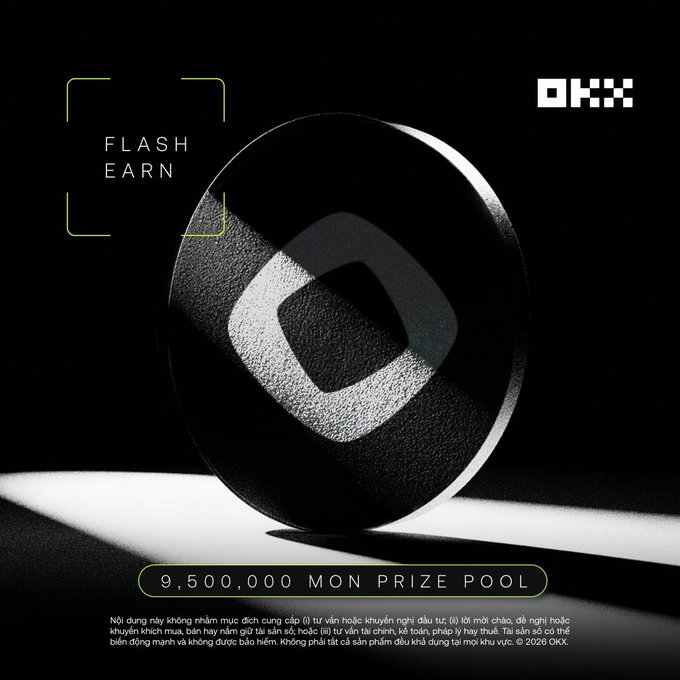 The image features a black and white advertisement for a Flash Earn Lite coin promotion. The central object of the photo is a round sticker with a square logo on top, which has been placed on a table or a surface. The text in the image indicates that the coin offers a monetary reward for users to earn by engaging in certain activities, possibly through Bitcoin mining.