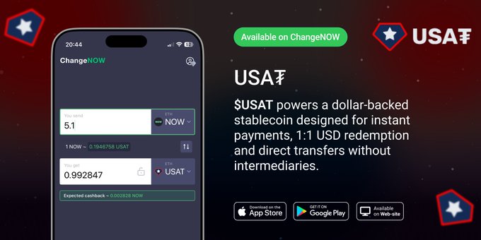 A promotional graphic for $USAT being available on ChangeNOW, featuring a mobile app screenshot showing a swap of 5.1 NOW for 0.992847 USAT with an expected cashback of 0.001828 NOW, alongside text highlighting that $USAT is a dollar-backed stablecoin offering 1:1 USD redemption and instant payments. The image visually supports the post's announcement by displaying the live swap interface and emphasizing the platform's availability on App Store, Google Play, and web.