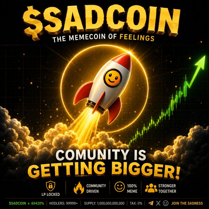 An advertisement for '$SADCOIN - THE MEMECOIN OF FEELINGS' featuring a rocket ship with a smiley face, an upward green chart arrow, and text reading 'COMMUNITY IS GETTING BIGGER!' along with stats like 'HODLERS: 99999+' and 'SUPPLY: 1,000,000,000'.