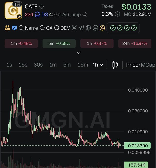 A cryptocurrency trading chart for the token $CATE (Catfish/CA2 token) on GMGN.AI shows a current price of $0.0133 with a market cap of $12.91M, having dropped 16.97% over 24 hours despite recent small recoveries. The hourly candlestick chart illustrates the token's significant decline from a peak around $0.04 to its current low, supporting the post's claim that $CATE is due for a "comeback."