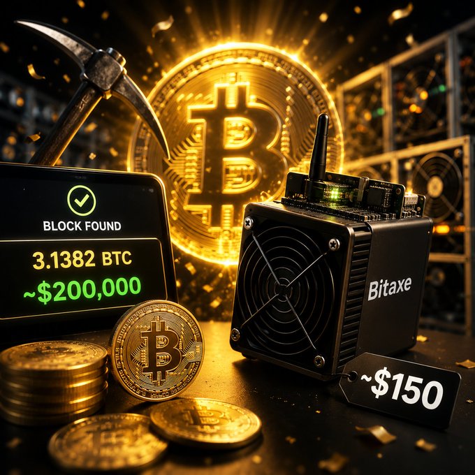 A Bitcoin mining promotional image showing a 'Bitaxe' miner device, a hammer, Bitcoin coins, and text reading 'BLOCK FOUND 3.1382 BTC ~$200,000' and a price tag of '~$150'.