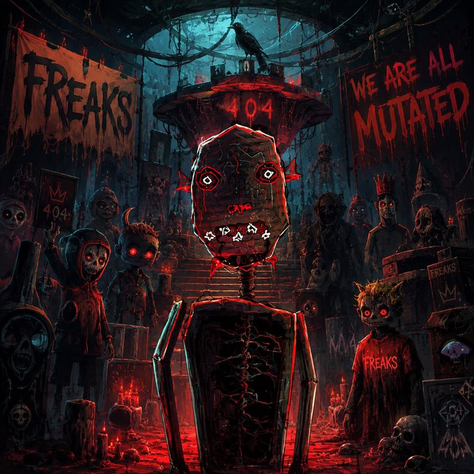 A dark, creepy digital illustration features a central red-skulled figure with glowing eyes and a stitched mouth, surrounded by eerie figures, banners reading 'FREAKS' and 'WE ARE ALL MUTATED', and the number '404'.