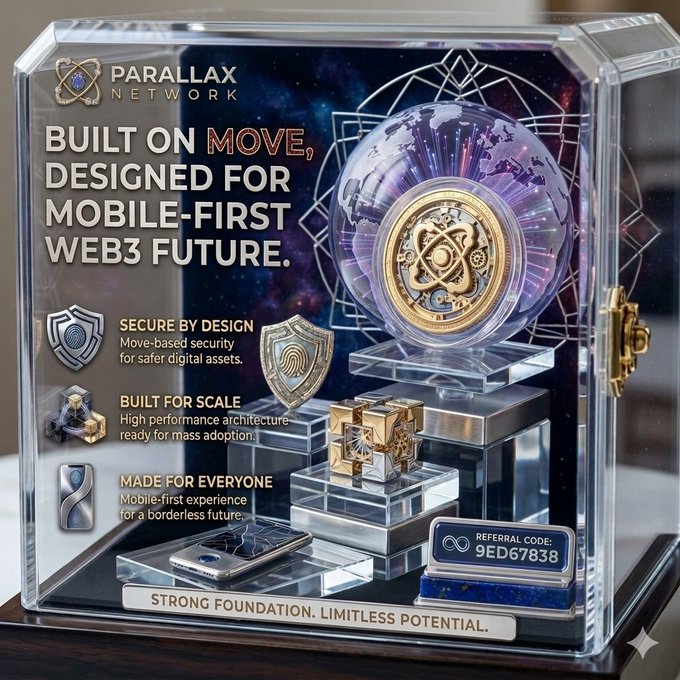 A promotional display case for 'PARALLAX NETWORK' featuring a gold coin, with text 'BUILT ON MOVE, DESIGNED FOR MOBILE-FIRST WEB3 FUTURE', features 'SECURE BY DESIGN', 'BUILT FOR SCALE', 'MADE FOR EVERYONE', and a referral code 'REFERRAL CODE: 9ED67838'.