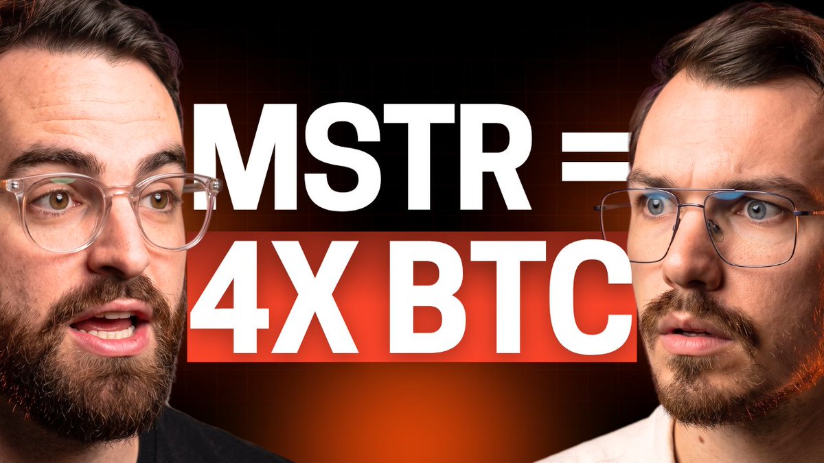 A thumbnail-style image showing two men's faces on either side of the text 'MSTR = 4X BTC'.