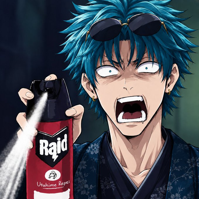 An anime character with spiky blue hair and sunglasses on his head, wearing a dark blue kimono and looking shocked while holding a can of 'Raid Utahime Repel' that is spraying.