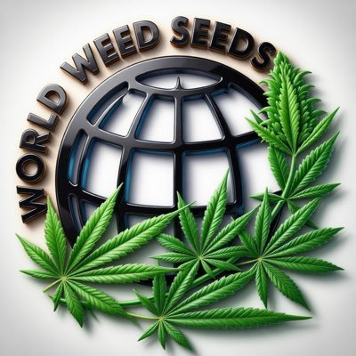 A 3D logo for 'WORLD WEED SEEDS' featuring a black globe graphic with green cannabis leaves arranged around it on a white background.