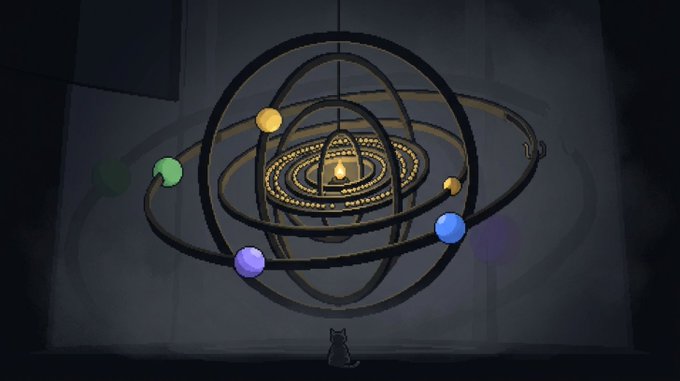 A pixelated scene shows a small cat looking up at an ornate armillary sphere with colored orbs orbiting a central light in a dark room.