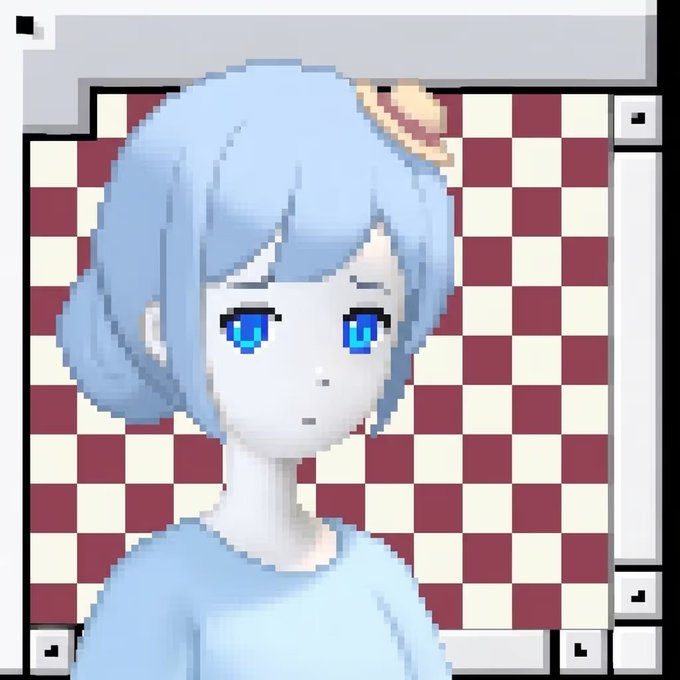 A pixel art illustration of an anime-style girl with blue hair and large blue eyes, set against a red and white checkered background.