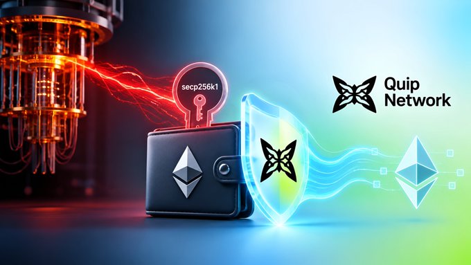 A digital graphic featuring a quantum computer, a wallet with the Ethereum logo, a shield with the Quip Network logo, and text reading 'secp256k1' and 'Quip Network'.