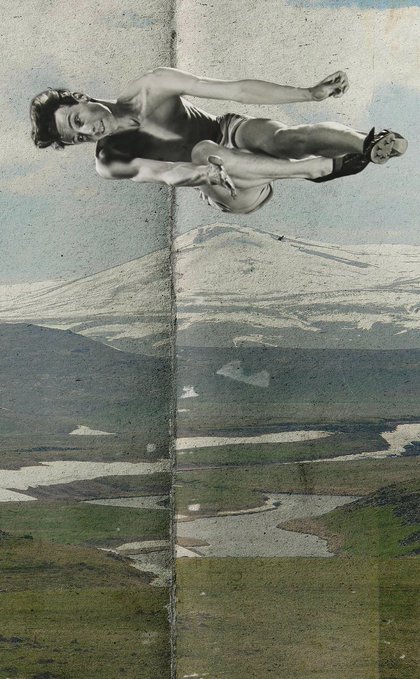 The image features a black and white photo of a person leaping into the air, performing a daring trick between two vertical strips of paper, creating an illusion that they are jumping between places instead of landing. The phrase "jump" appears multiple times within the composition, emphasizing the playful nature of the scene.