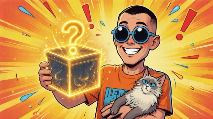 A young man wearing sunglasses and an orange shirt holds a glowing mysterious cube with a question mark while cradling a fluffy cat, set against a vibrant comic-style orange and yellow burst background.

The image's glowing "black box" with a question mark visually echoes the "perp black box event" mentioned in the post, reinforcing the messaging around AVE's new initiative by creating a sense of curiosity and excitement that aligns with the call to action to sign up.