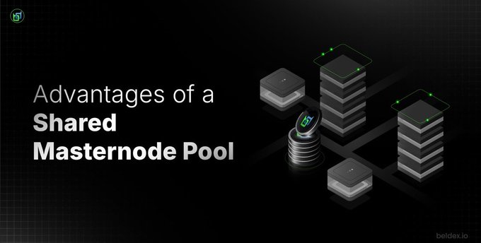 A dark-themed graphic titled 'Advantages of a Shared Masternode Pool' with illustrations of stacked servers and a logo, branded with beldex.io.