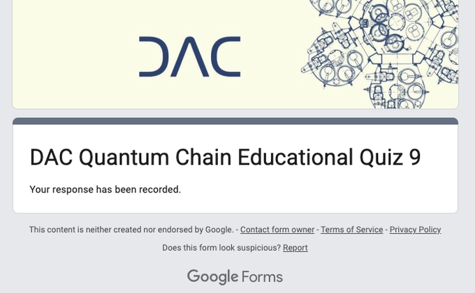 The image shows a Google Forms page with a white background, blue header, and black text. The main content of the form appears to be a Quiz 9 from DAC Quantum Chain Educational Quizzes. The form has a submission button at the bottom right corner that says "Submit". There is also a link provided in the image for more information about the Quiz 9.