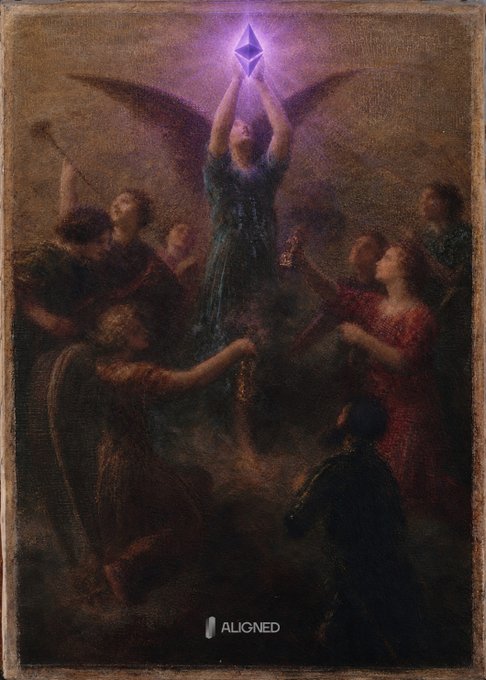 A winged figure raises a glowing purple Ethereum diamond above a gathering of reaching mortals, framed in the style of a classical oil painting. The image playfully reimagines a religious quest for a holy relic as the search for the on-chain "grail" — the ETH token — with the watermark "ALIGNED" visible at the bottom.