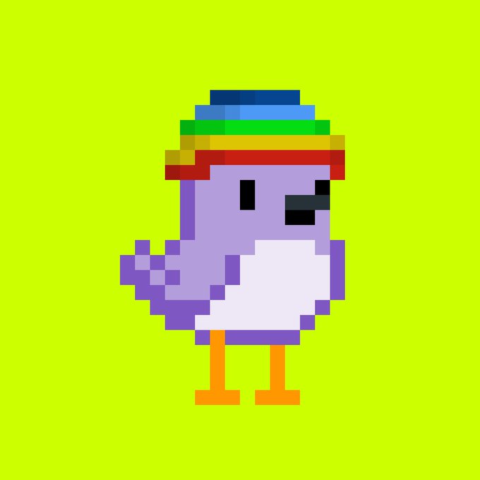 Pixel art depicts a purple character with a colorful striped hat, a white belly, and orange legs standing against a bright yellow-green background.
