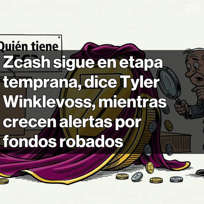 A cartoon illustration with Spanish text stating 'Zcash sigue en etapa temprana, dice Tyler Winklevoss, mientras crecen alertas por fondos robados', showing a character with a magnifying glass examining a large pile of gold coins under a purple cloth.
