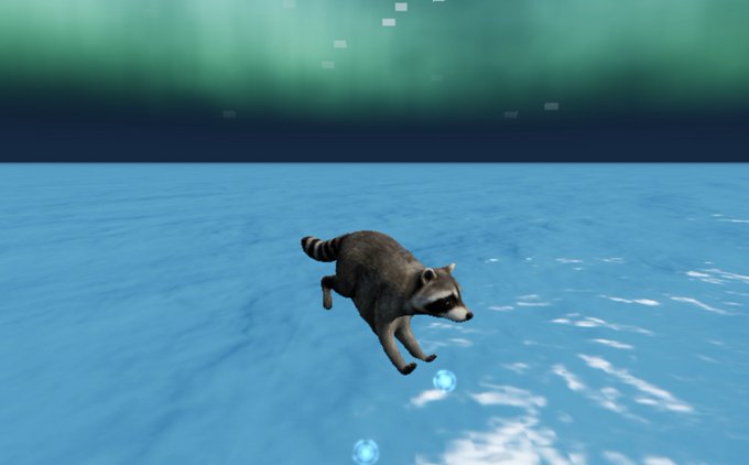 A raccoon character named "Jimothy" appears to be floating or jumping above a vast blue ocean under a greenish sky, fitting the whimsical, game-like aesthetic of the Veilbound free claim promotion for $Jimothy token holders.