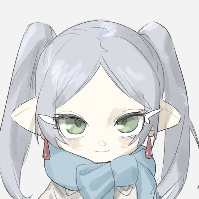 An anime-style illustration of a character with long silver pigtails, green eyes, pointed elf-like ears, and a large blue bow/scarf.