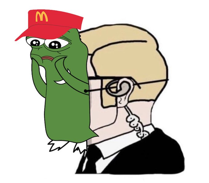A meme image shows a 'soyjak' style character wearing glasses, with a green Pepe-like figure wearing a McDonald's red cap drawn over his head.