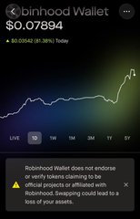 A Robinhood Wallet screen displays a price of $0.07894 for token $WALLET, up 0.0542 (97.96%) intraday, alongside a disclaimer warning that "Robinhood Wallet does not endorse or verify tokens claiming to be official projects or affiliated with Robinhood," which visually corroborates the post's claim that an in-app warning triggered the token's price action.