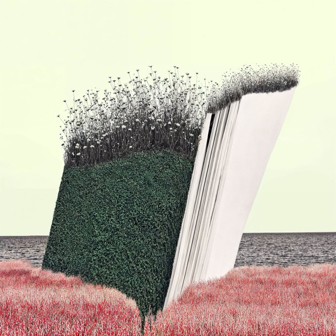 Surreal artwork depicting a massive open book where the pages transform into a green hillside with wildflowers, and the closed pages rest on a field of pink flora under a pale sky.