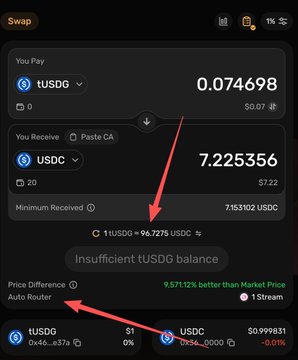 The image shows a swap interface on Peach (peachlfg) where the user attempts to exchange tUSDC for USDC at a rate of 1 tUSDC = 96.7276 USDC (showing 0.074698 tUSDC → 7.225356 USDC), but encounters an "Insufficient tUSDC balance" error on the Arc network. This relates to the post by highlighting Peach as an aggregated DEX supporting trading on the newly launched Arc mainnet, demonstrating a potential opportunity to swap Arc ecosystem tokens like tUSDC.